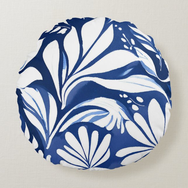 Blue Botanical Watercolor Floral Pattern Round Cushion (Front)