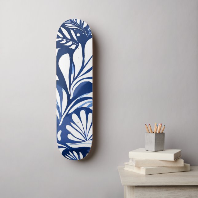 Blue Botanical Watercolor Floral Pattern Skateboard (Wall Art)