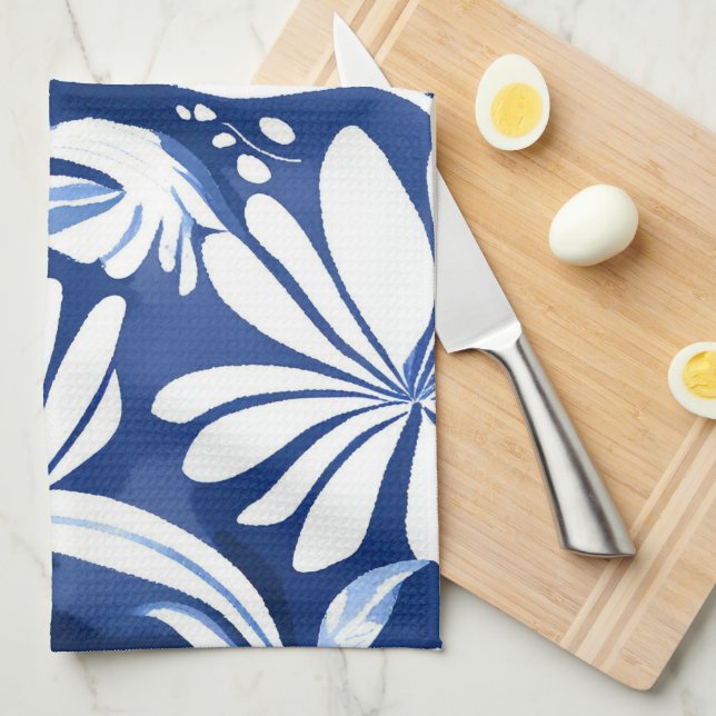 Blue Botanical Watercolor Floral Pattern Tea Towel (Quarter Fold)