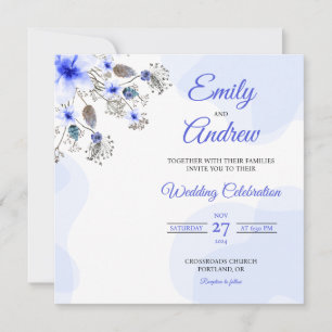 Blue Botanical Watercolor Floral Square Wedding Invitation