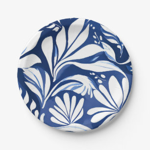 Blue Botanical Watercolor Floral White Pattern Paper Plate