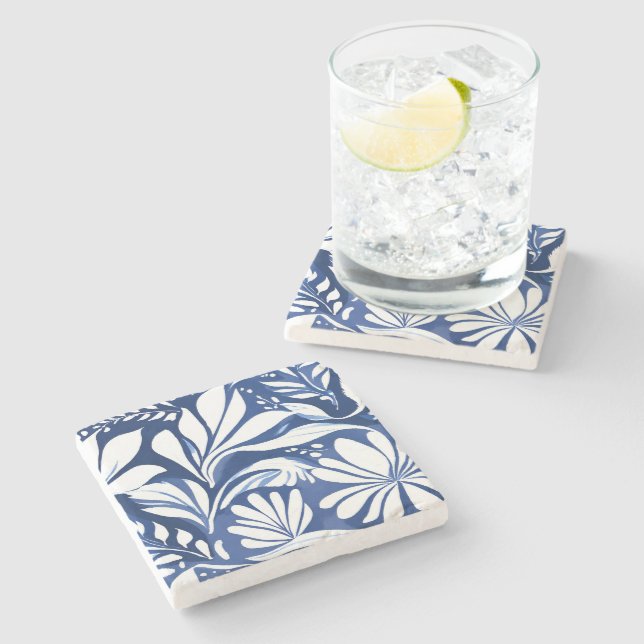 Blue Botanical Watercolor Floral White Pattern Stone Coaster (Side)