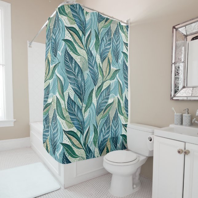 Blue Botanical Wave Modern Pattern Shower Curtain (In Situ)