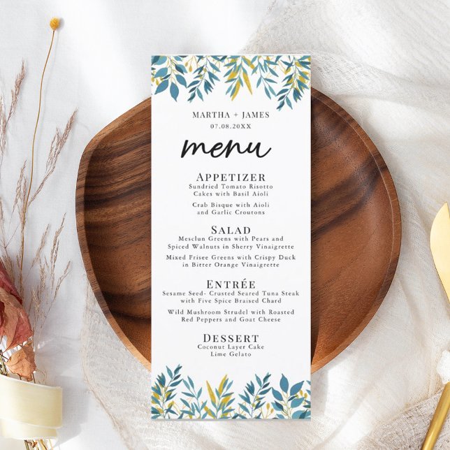 Blue Botanical Wedding Dinner Menu Card (Creator Uploaded)