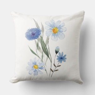 Blue Botanical Wildflower Bouquet Watercolor Cushion