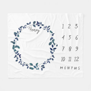Blue Botanical Wreath Baby Milestone Fleece Blanket