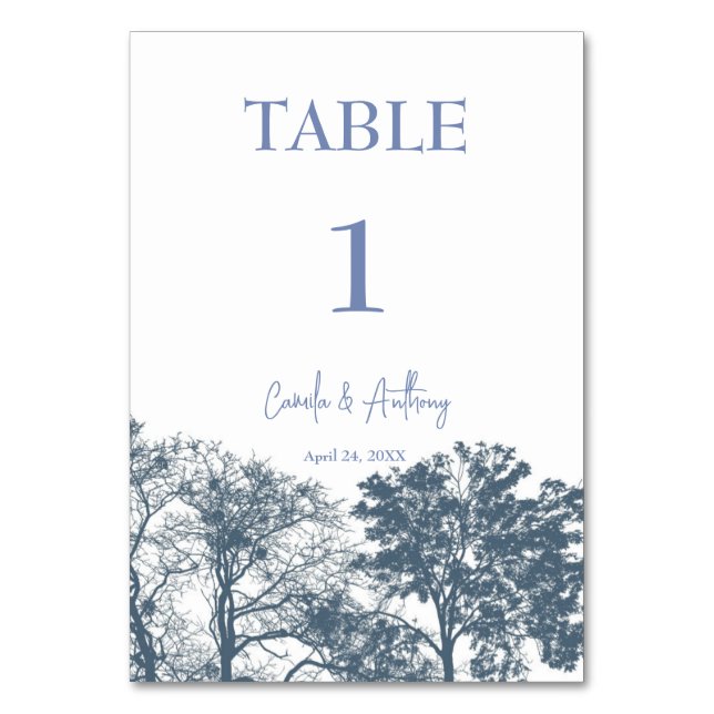 Blue Bottom Trees Boho Wedding Table Number (Front)