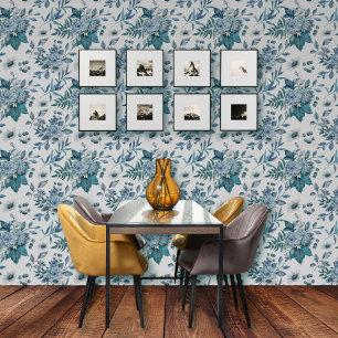 Blue bouquet of flowers and foliage pattern wallpaper