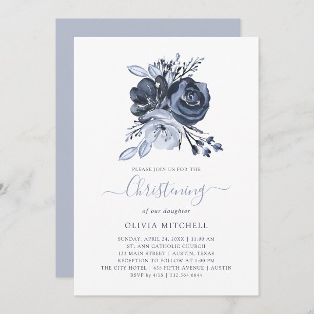 Blue Bouquet | Watercolor Floral Christening Invitation (Front/Back)