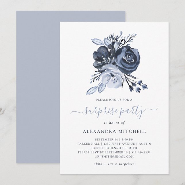 Blue Bouquet | Watercolor Floral Surprise Party Invitation (Front/Back)