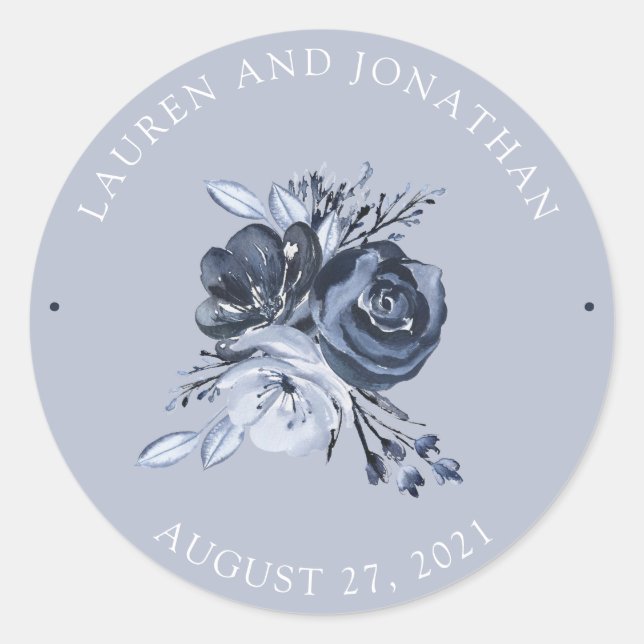 Blue Bouquet | Watercolor Floral Wedding Classic Round Sticker (Front)