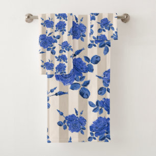 Blue bouquets of roses on a striped background bath towel set