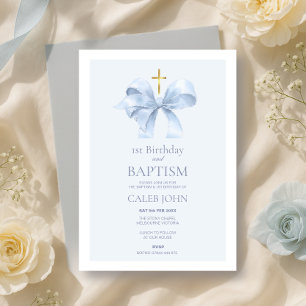 Blue Bow 1st Birthday and Baptism for Boy  Invitation