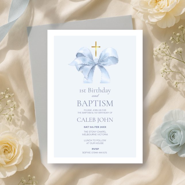 Blue Bow 1st Birthday and Baptism for Boy  Invitation (Creator Uploaded)