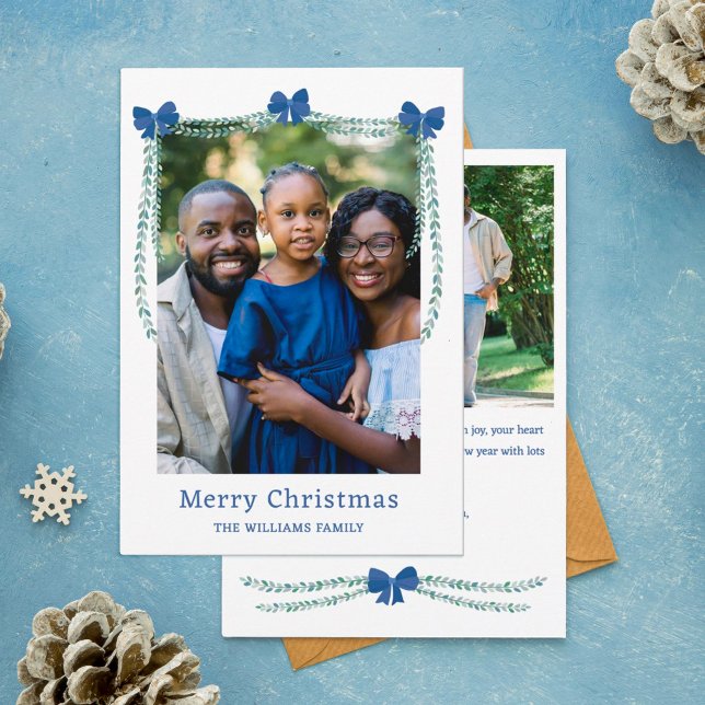 Blue Bow-Adorned Garland Merry Christmas Photo Holiday Card (Creator Uploaded)