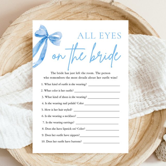 Blue Bow All Eyes On The Bride Bridal Shower Game  Invitation (Elegant Dusty Blue Bow Bridal Shower Apron Game)