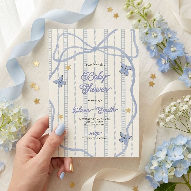 Blue Bow and Butterfly Baby Shower Invitation (Creator Uploaded)