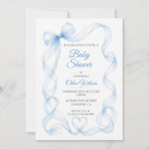 Blue Bow and Heart Baby Boy Shower Invitation
