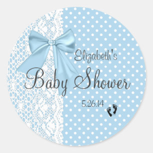 Blue Bow and Lace Baby Shower Guest Favour Classic Round Sticker