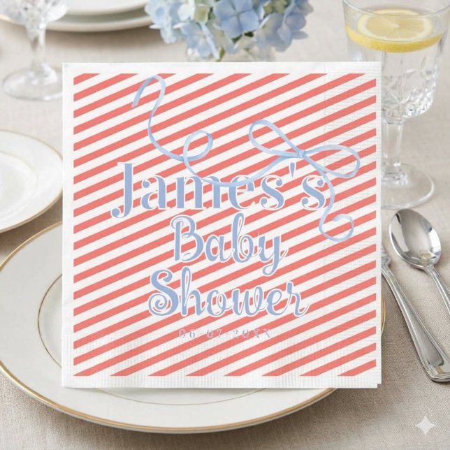Blue Bow and Red Stripe Baby shower Napkin (Creator Uploaded)