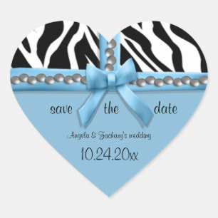 Blue Bow And White Zebra Stripes With Pearls Heart Sticker