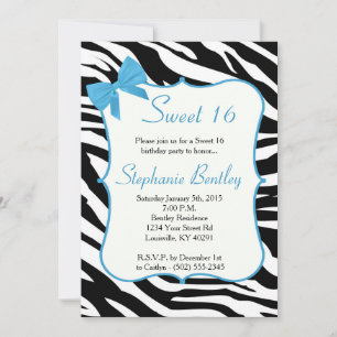 Blue Bow and Zebra Sweet 16 Birthday Invitation