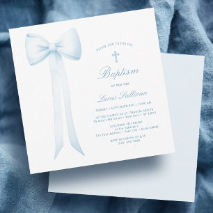 Blue Bow Baby Boy Baptism Invitation