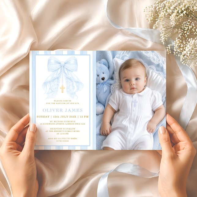 Blue Bow Baby Boy Baptism Photo Invitation (Creator Uploaded)