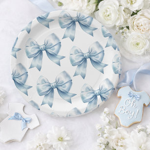 Blue Bow Baby Boy Elegant Baby Shower Paper Plate