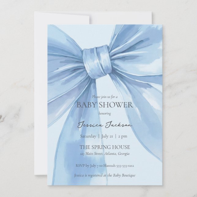 Blue Bow Baby Boy Invitation (Front)