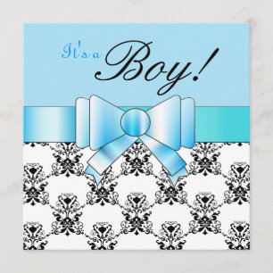 Blue Bow Baby Boy Shower Black and White Damask Invitation