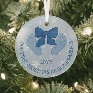 Blue Bow Baby Feet Grandparents First Christmas Glass Tree Decoration