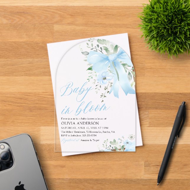 Blue Bow Baby in Bloom Floral Boy Arch Baby Shower Acrylic Invitations (Insitu (Invitation Card))