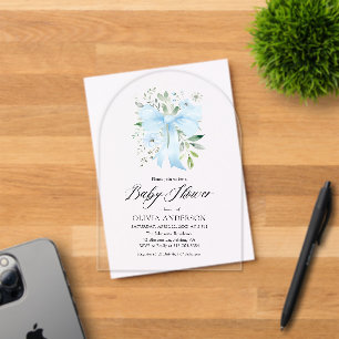 Blue Bow Baby in Bloom Floral Boy Arch Baby Shower Acrylic Invitations