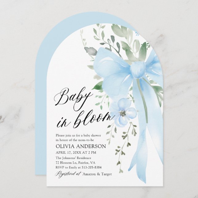 Blue Bow Baby in Bloom Floral Boy Arch Baby Shower Invitation (Front/Back)