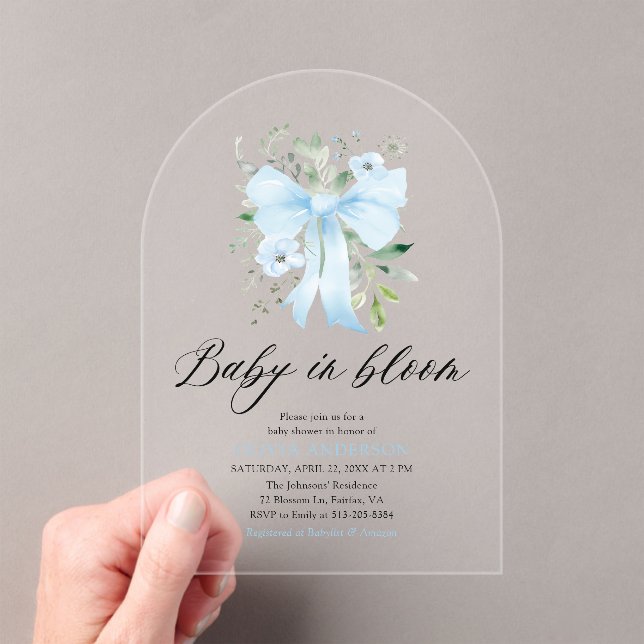 Blue Bow Baby in Bloom Floral Boy Baby Shower Acrylic Invitations (Insitu (Handheld))