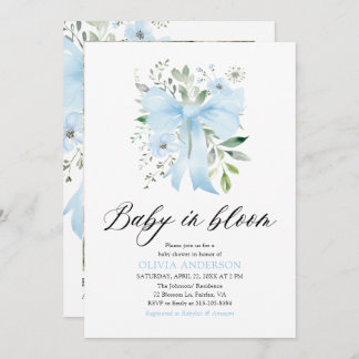 Blue Bow Baby in Bloom Floral Boy Baby Shower Invitation
