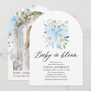 Blue Bow Baby in Bloom Floral Boy Baby Shower Invitation