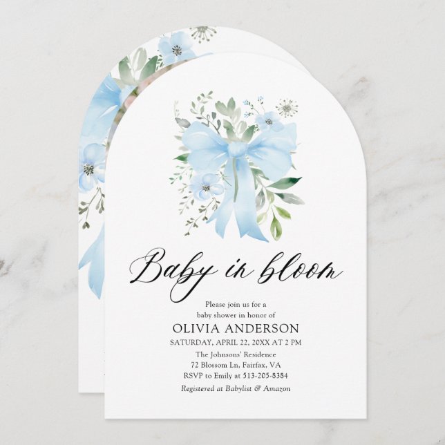 Blue Bow Baby in Bloom Floral Boy Baby Shower Invitation (Front/Back)