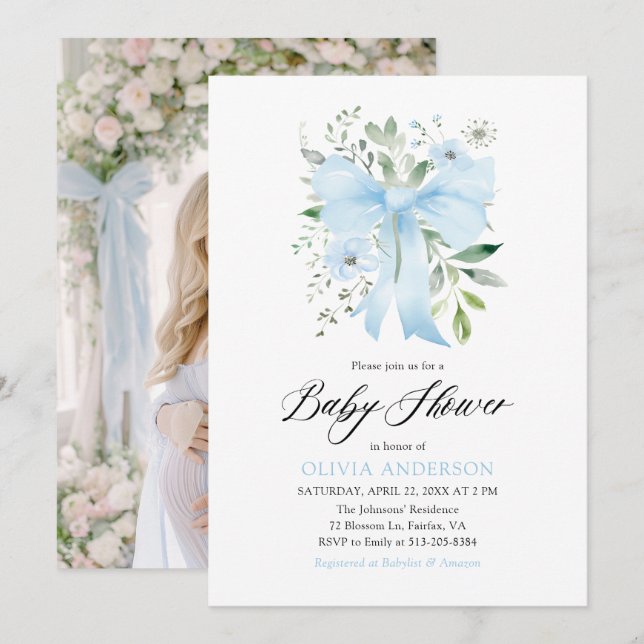 Blue Bow Baby in Bloom Floral Boy Baby Shower Invitation (Front/Back)