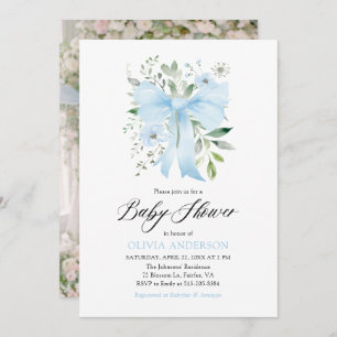 Blue Bow Baby in Bloom Floral Boy Baby Shower Invitation