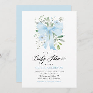 Blue Bow Baby in Bloom Floral Boy Baby Shower Invitation
