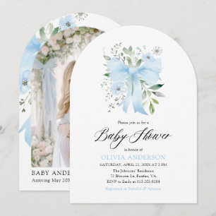 Blue Bow Baby in Bloom Floral Boy Baby Shower Invitation