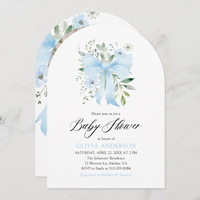 Blue Bow Baby in Bloom Floral Boy Baby Shower Invitation (Front/Back)