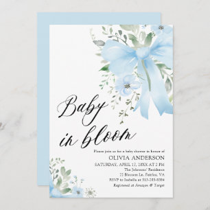 Blue Bow Baby in Bloom Floral Boy Baby Shower Invitation