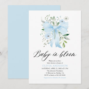 Blue Bow Baby in Bloom Floral Boy Baby Shower Invitation