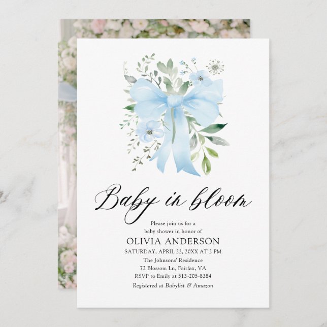 Blue Bow Baby in Bloom Floral Boy Baby Shower Invitation (Front/Back)