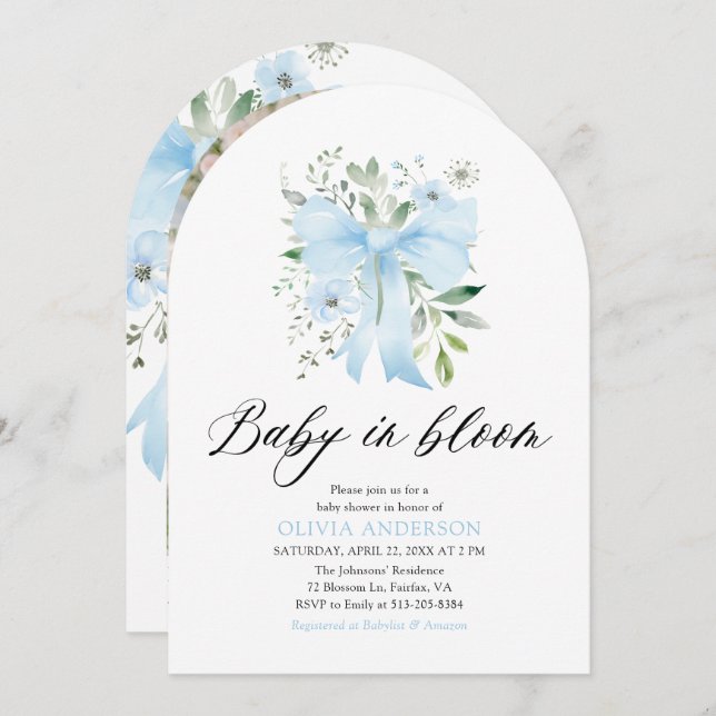 Blue Bow Baby in Bloom Floral Boy Baby Shower Invitation (Front/Back)