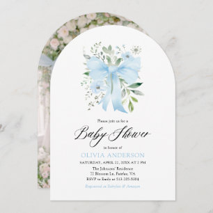 Blue Bow Baby in Bloom Floral Boy Baby Shower Invitation