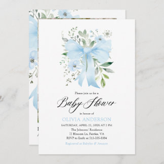 Blue Bow Baby in Bloom Floral Boy Baby Shower Invitation